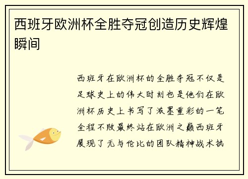 西班牙欧洲杯全胜夺冠创造历史辉煌瞬间