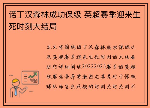 诺丁汉森林成功保级 英超赛季迎来生死时刻大结局 诺丁汉森林成功保级 英超赛季迎来生死时刻大结局